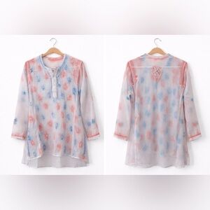 Sheer Floral Embroidered Tunic - Blue & Coral Motif